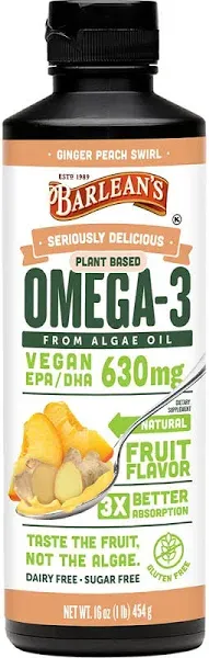 Barlean&#039;s Seriously Delicious Omega-3 Algae Oil Ginger Peach Swirl 16 oz Oil