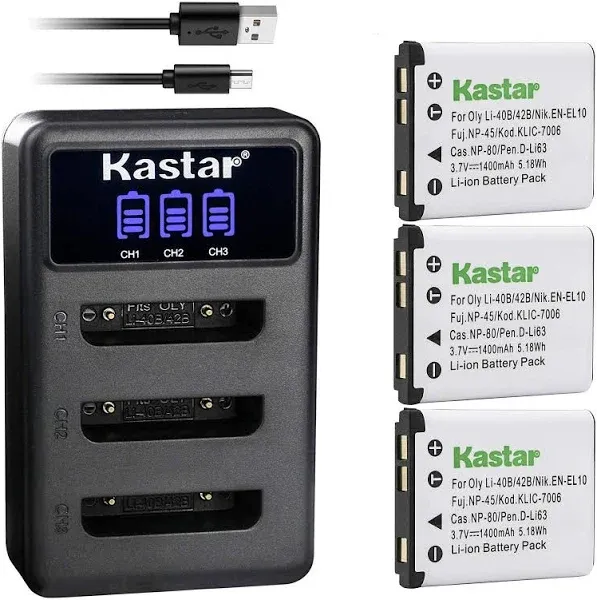 Kastar Battery 3-Pack + LCD Triple Charger Replacement for Olympus LI-42B LI-40B, Fujifilm NP-45 NP-45A NP-45B NP-45S, Nikon EN-EL10, Kodak KLIC-7006, Casio NP-80, Pentax D-Li63 D-Li108, Ricoh DS-6365