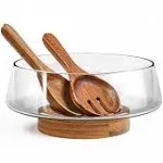 KITEISCAT Extra Large Glass Salad Bowl Set - Salad Bowls for Party with Acacia Wood Base and Salad Serving Utensils - Elegant and Practical Kitchen