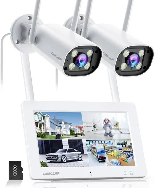 Camcamp Wireless Security Camera System with 7" Touchscreen Monitor & 2PCS 2K Wired Outdoor Security Camera, Plug-in Power, Color Night Vision, 2 Way Audio, Motion Detection, 32GB SD Card Included