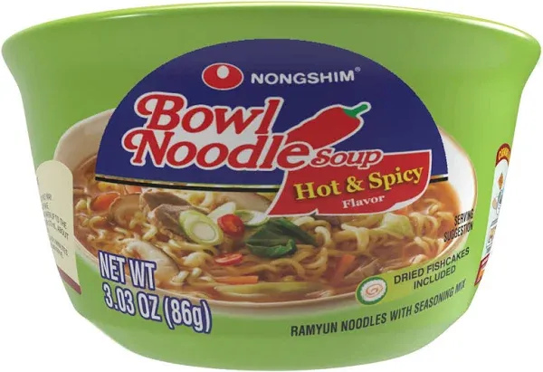 Nong Shim Hot & Spicy Noodles Bowl, 3.03 Oz., 12 Ct