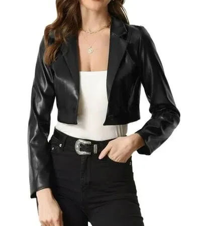 Allegra K Cropped Leather Jacket for Women's PU Casual Moto Jackets