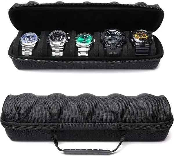 5 slots Hard men's watch travel case, Portable zipper storage organizer box with soft compressible foam pillow to fit large and small watches(Black, 5slot)