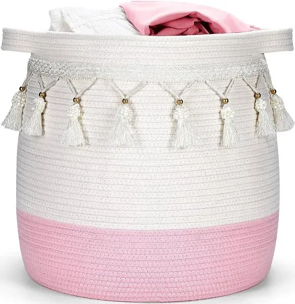 Large Cotton Rope Basket, Woven Storage Basket for Toy, Pink Large, pink 