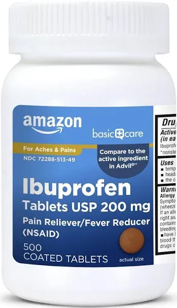 Amazon Basic Care Ibuprofen Tablets 200 Mg, Pain Reliever/Fever Reducer, 500 Cou