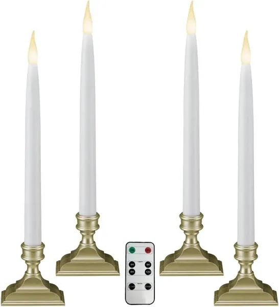 Battery Operated LED Taper Window Candles with Timer, Remote Control, Warm White Flicker or Steady On (VTR1660, Pack of 4)