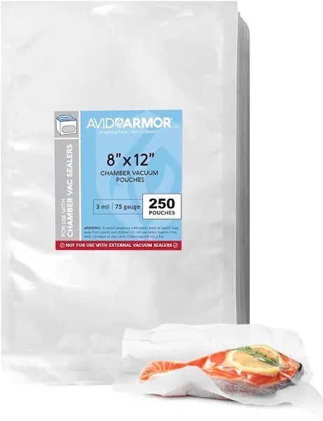 Avid Armor Chamber Vacuum Sealer Bags – Heavy Duty, BPA-Free, Pre-Cut Chamber Vacuum Bags for Food Preservation, Freezer Storage, Sous Vide and more, 250/Pack (8x12) – Multi-Use Vacuum Bags