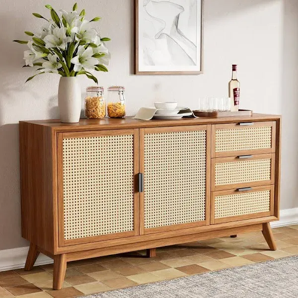 Rattan Pre-Assembled Buffet Sideboard with 3 Drawers &amp; 2 Doors, 58&#034; Accent Co...