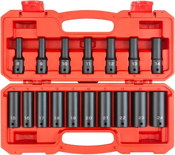 TEKTON 1/2 Inch Drive Deep 6-Point Impact Socket Set, 17-Piece (8-24 mm) | SID92329