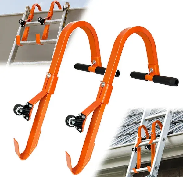 2 Pack Ladder Roof Hooks, Heavy Duty Steel Extension Ladder Roof Stabilizer with Wheels for Roof Extension with Rubber Grip T-Bar, 500 lb Load Capacity, Easy to Access Steep Roofs