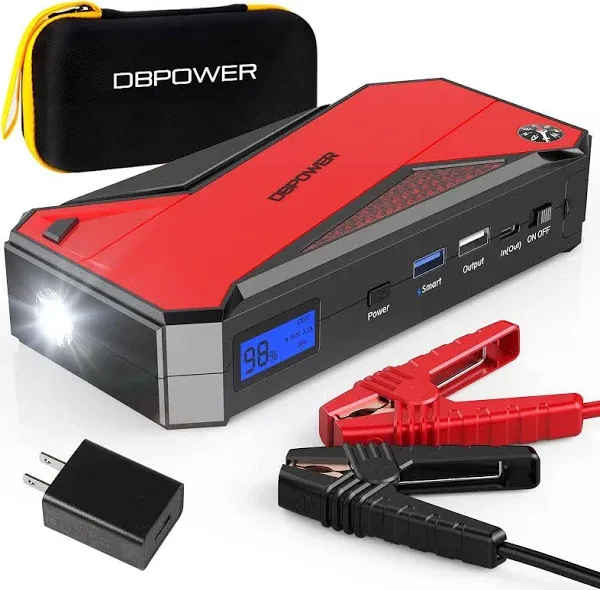 DBPOWER Peak 2000A 18000mAh Portable Car Jump Starter (up to 7.2L Gas, 5.5L Diesel Engine) Battery Booster with Smart Charging Port, Compass, LCD Screen and LED Light (Black/Red)