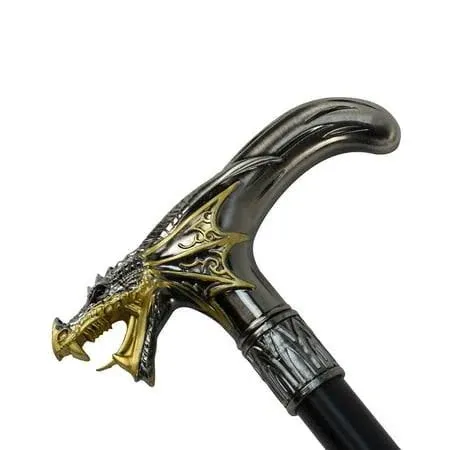 Treasure Gurus Silver Metal Golden Winged Dragon Cane 2pc Steel Shaft Travel Walking Stick