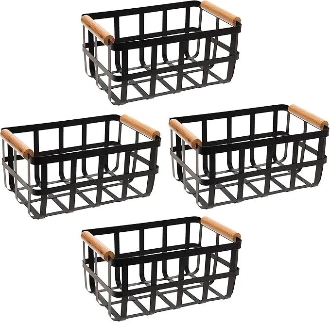 Simplify 4 Pack Rectangular Metal Storage Basket with Bamboo Handles | Large | Farmhouse Style Wire Basket | Home Organizer | Decorative | Rustic | Black