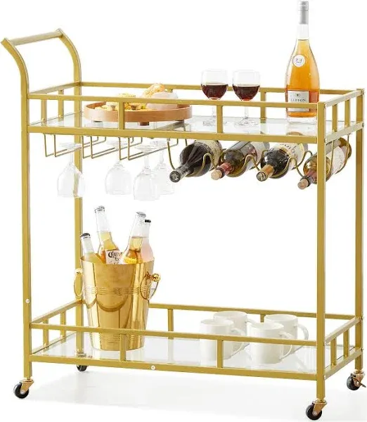 VEVOR 2 Tiers Gold Metal Bar Serving Cart with Wine Rack Glass Holder 120 lbs BLFWCCB15X315AFJYV0