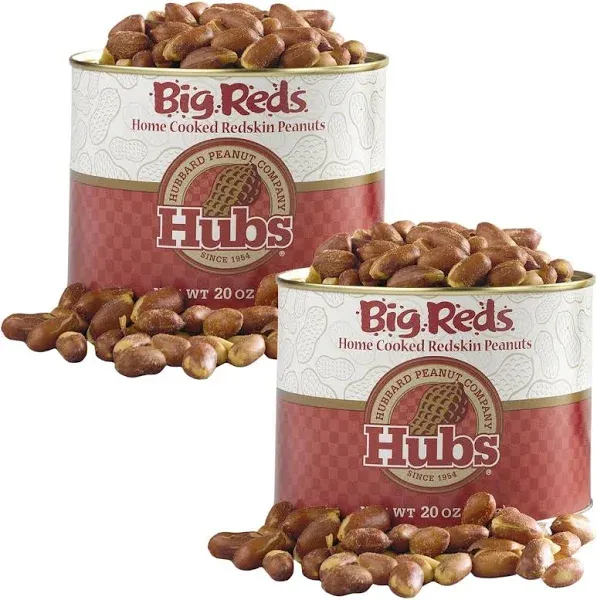 Hubs Peanuts Big Reds - Premium Virginia Nuts with Red Skins - Freshly Home Cooked Salted Flavor - Healthy Snacking, Nutrient-Rich, Vegan and Keto Friendly - Reusable Vacuum-Sealed Tin, 2 Packs of 20 oz Cans