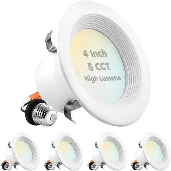 LUXRITE 4 Inch LED Recessed Can Lights, 14W=75W, 5 Color Options 2700K-5000K, 950 Lumens, Dimmable LED Retrofit Kit, Wet Rated, IC Rated, Recessed Ceiling Lights, ETL Listed, Baffle Trim (4 Pack)