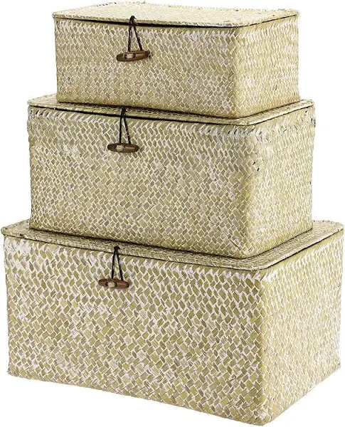 Yesland Shelf Baskets with Lid Set of 3 Handwoven Seagrass Storage Bins Box R...