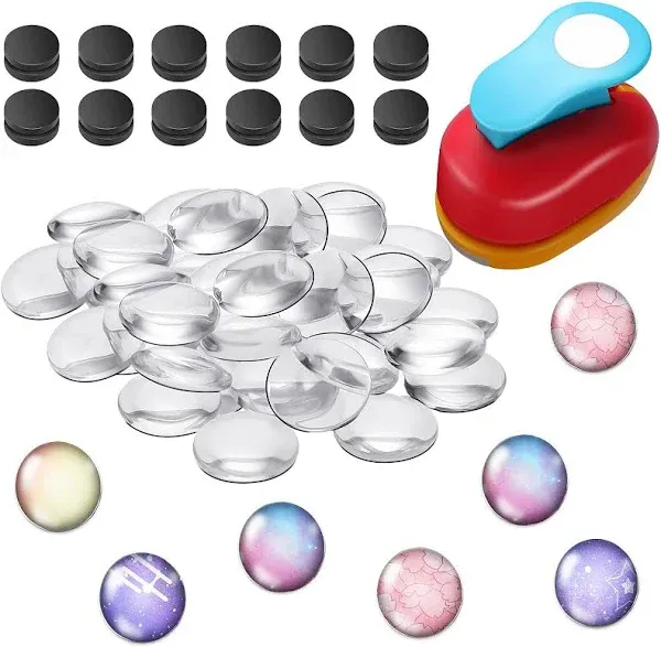 Colzzy 41 Pieces Fridge Magnets Craft Set Include Craft 1-Inch Paper Punches Round Disc Ferrite Ceramic Magnets with Transparent Glass Cabochons for Craft DIY Fridge Office Locker Whiteboard Making