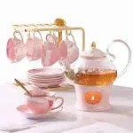 DUJUST 21 pcs Small Tea Set of 6, Pink Marble Set, Handcraft Golden Trim, Porcelain Tea Pot Set for Kids&Adults, 1 Glass Teapot(22oz), 6 Cups(4oz), 6 Saucers, 6 Spoons, 1 Shelf&1 Warmer