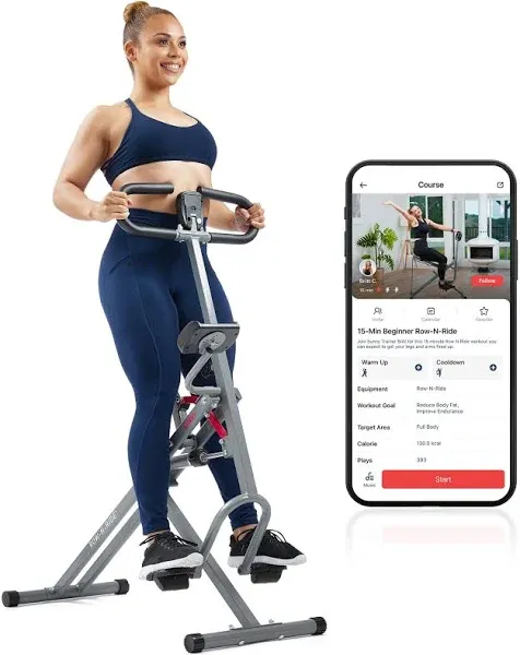 Sunny Health & Fitness Row-N-Ride PRO, Full Body Combo Squat Machine w/Optional Resistance Band, Easy Setup Ab Workout Exercise Equipment for Home, Whole Body Cardio, Optional SunnyFit App Connection