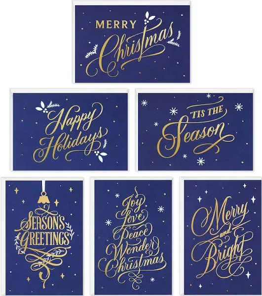 Hallmark Boxed Christmas Cards Assortment, Blue and Gold Holidays (6 Designs, 72 Cards with Envelopes)