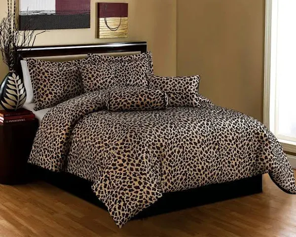 Grand Linen 7 Piece Queen Size Bedding Black Brown Comforter Set Leopard Print Bed in A Bag