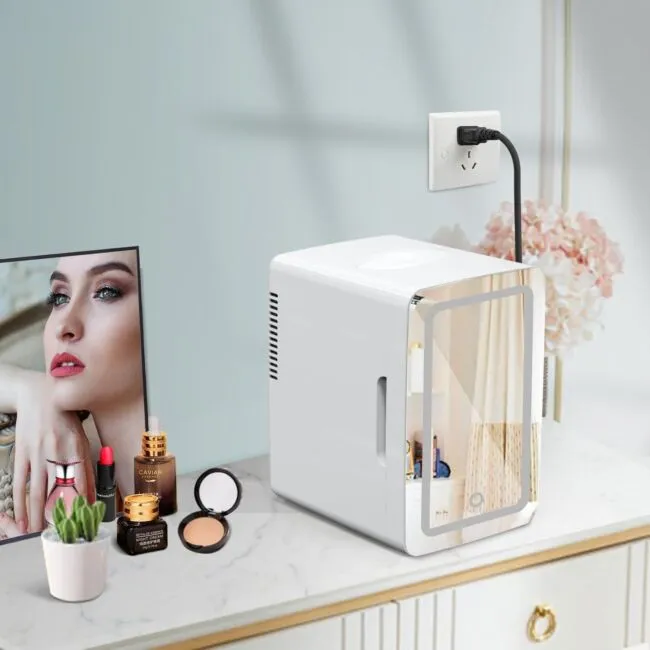 Compact 6L Skincare Fridge with LED Mirror - Cooler &amp; Warmer for Makeup Lovers