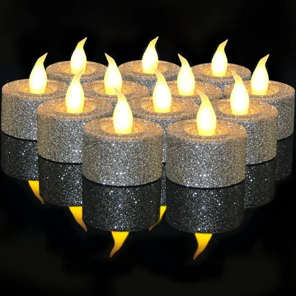 FURORA LIGHTING Black Glitter LED Tealight Candles Pack of 12, Flameless Flickering Tealight Candles for Home Décor, 1.5’’(W) x 1.65’’(H), Battery Operated