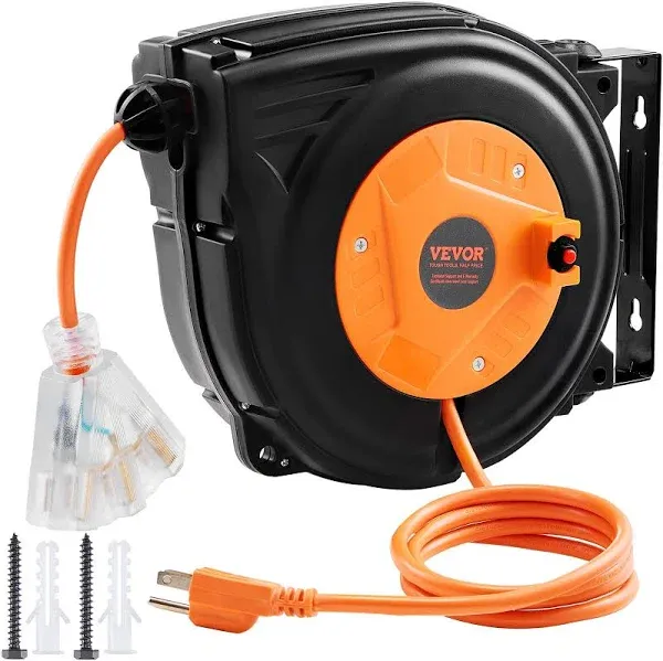 VEVOR 30 ft. Retractable Extension Cord Reel Heavy Duty 16AWG & 3C SJTOW Power Cord with Lighted Triple Tap Outlet 10 Amp Circuit Breaker