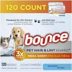 Bounce Pet Hair and Lint Guard Mega Dryer Sheets with 3X Pet Hair Fighters, Unscented, 120 Count