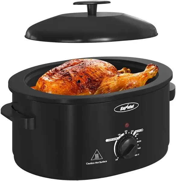 Sunvivi 8-Quart Roaster Oven with Self-Basting Lid, Electric Turkey Roaster Oven with Removable Pan and Rack, Stainless Steel, Black