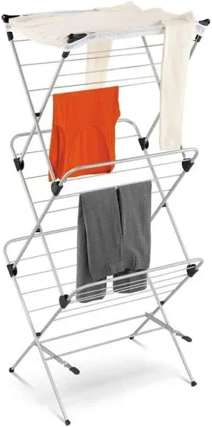 3-Tier Folding Accordion Steel Clothes Drying Rack with  Mesh Top, Silver/Blue