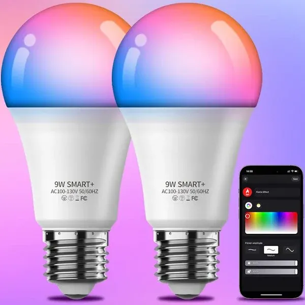 Smart Light Bulbs 2Pack, Color Changing Light Bulb Works w/Alexa Google Home, 9W A19 E26 800LM RGBTW Colored LED Bulbs, 50+ DIY Scenes, Music Sync, App & Voice Control WiFi Light Bulbs