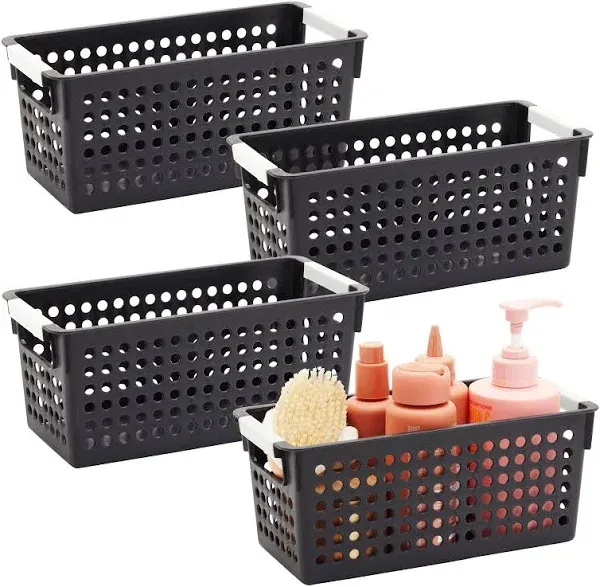  4-Pack Black Plastic Baskets for Organizing Bathroom, Laundry Room, Washroom 