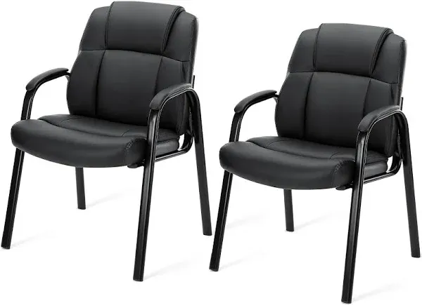 Edx Leather Waiting Room Chairs with Padded Arms Set of 2 - Executive Office Reception Guest Chair No Wheels for Conference Room Lobby Side, Black