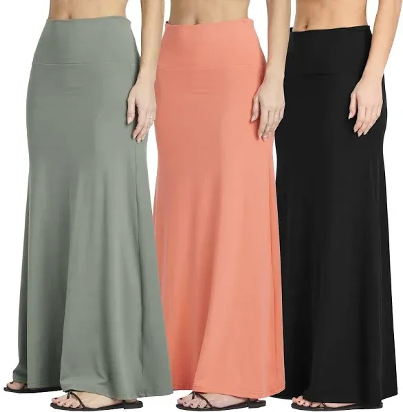 Real Essentials 3 Pack: Women's Ultra-Soft Flowy Maxi High Waisted Long Skirts (Available in Plus Size)