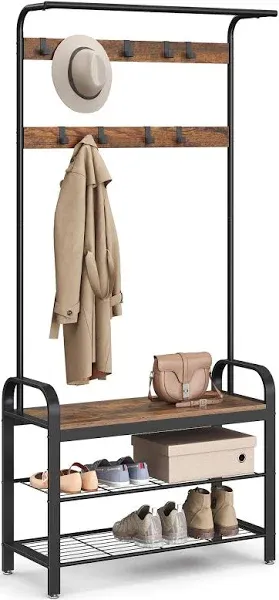  Coat Rack, Hall Tree with Shoe Bench for Entryway, 28.3&#034;W Honey Brown + Black