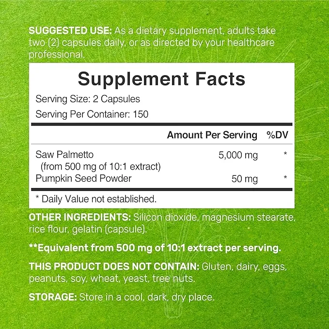 Saw Palmetto Supplement 5000mg with Pumpkin Seed, 300 Capsules | Promotes Prostate Health | DHT Blocker | Hair Growth Vitamins, Maintain Normal Urinary Frequency