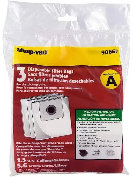 Shop Vac 90667 Genuine Type A Medium Filter Bags ShopVac 1 - 1.5 Gallon 3-Pack