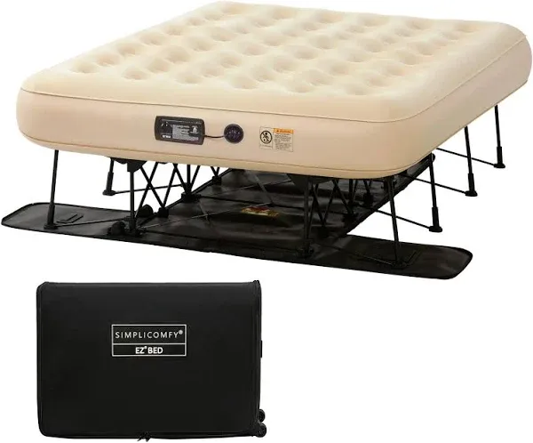 Simpli Comfy Queen EZ Bed Self-Inflating Air Mattress with Built-in Frame, Pump and Wheeled Case, Blow Up Inflatable Rolling Air Bed on Wheels