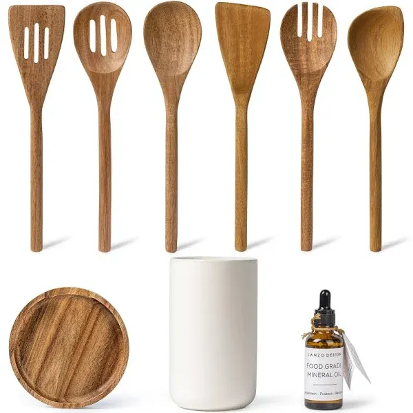 Kitchen Utensil Set, 8 pcs Wooden Cooking Utensils Medium, White Holder 