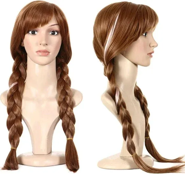 Anogol Hair Cap+Pigtail Princess Wig for Women Braided Brown Cosplay Wig for Girls Brown Highlighted Braids Women's Anna Wigs for Costume Cosplay