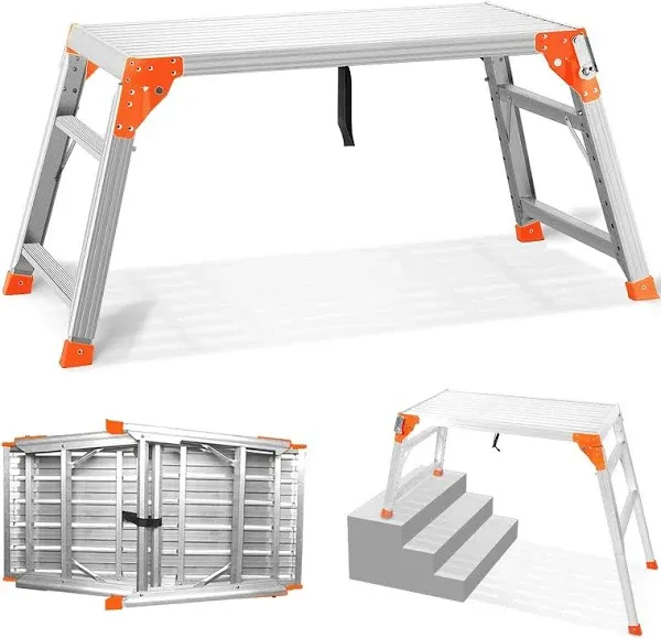 SHANTRA Multifunctional & Adjustable Work Platform with 330 lbs Capacity, 24 to 35 inches Step Ladder, Aluminum Folding Scaffolding Ladder, Heavy Duty Portable Bench Ladder Stool with Non-Slip Feet