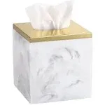 Luxspire Marble Tissue Box Cover, Square Tissue Box Holder with Golden Lid, Resin Modern Tissue Holder, Napkin Dispenser for Bathroom Vanity Countertop, Night Stands, Marble White + Gold