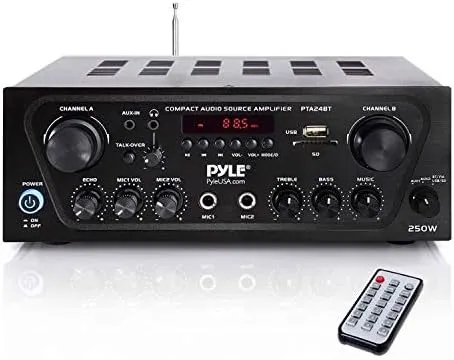 Pyle -Upgraded- 2 Channel Karaoke Home Audio Amplifier w/Bluetooth for Streaming, AUX-in, USB, 2 Microphone Input w/Echo Effect, Talkover for PA, Compact Footprint, Black