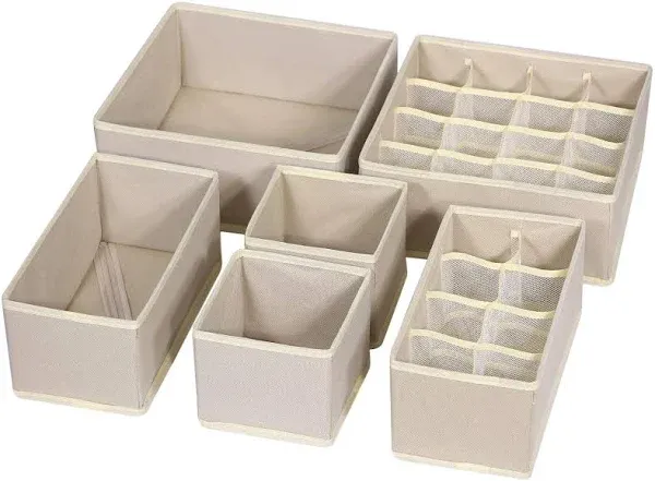 6 Pack Foldable Drawer Organizer Dividers Cloth Storage Box Closet Dresser Organizer Cube Fabric Containers Basket Bins for Underwear Bras Socks Panties Lingeries Nursery Baby Clothes Beige