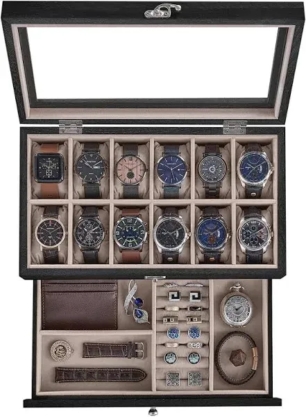 SONGMICS 12-slot Watch Box 2-Layers Watch Display Case with Large Glass Lid