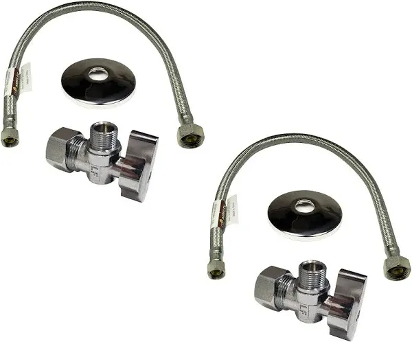 Complete Set 1/2 in. NOM Inlet x 3/8 in. OD Compression Outlet Angle Shut Off Valve + Escutcheon Plate + 20" Long Stainless Steel Braided Faucet Water Supply Line (2 Pack)