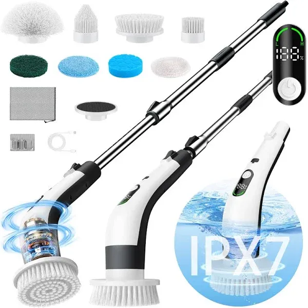 Electric Spin Scrubber with LED Display, IPX7 Waterproof Powerful Shower Scrubber, 2H Runtime, 2 Speeds, Adjustable Handle, 8 Brush Heads for Bathtub Tile Car-Black and White