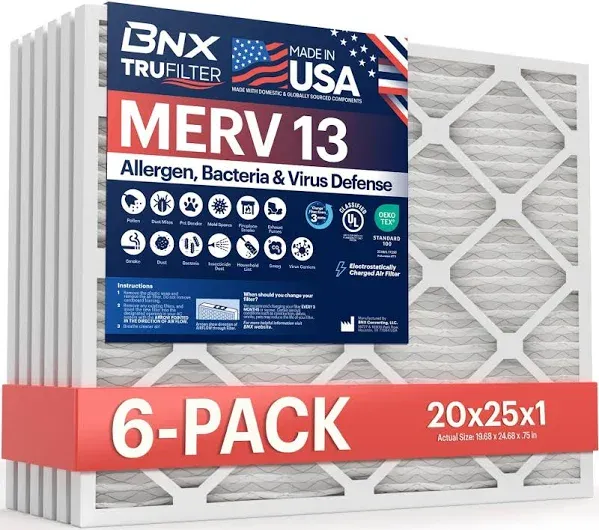 BNX TruFilter 20x22x1 Air Filter MERV 13 (6-pack) - Made in USA - Electrostatic Pleated Air Conditioner HVAC AC Furnace Filters for Allergies, Pollen,